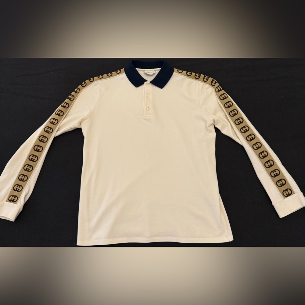 Authentic Gucci Kids long sleeve GG polo - cream/navy/brown - boys size 12